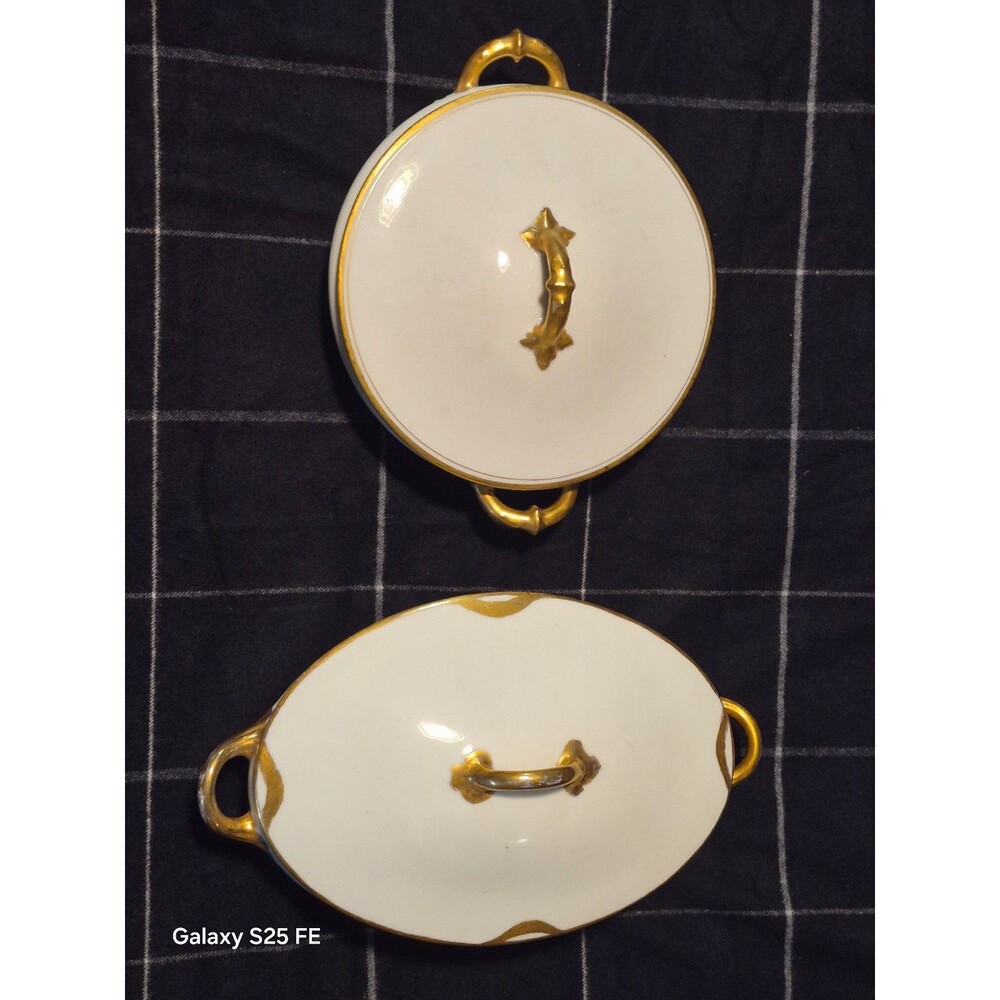 Vintage Mismatched White & Gold Lidded Serving Bowls Set Haviland Limoges